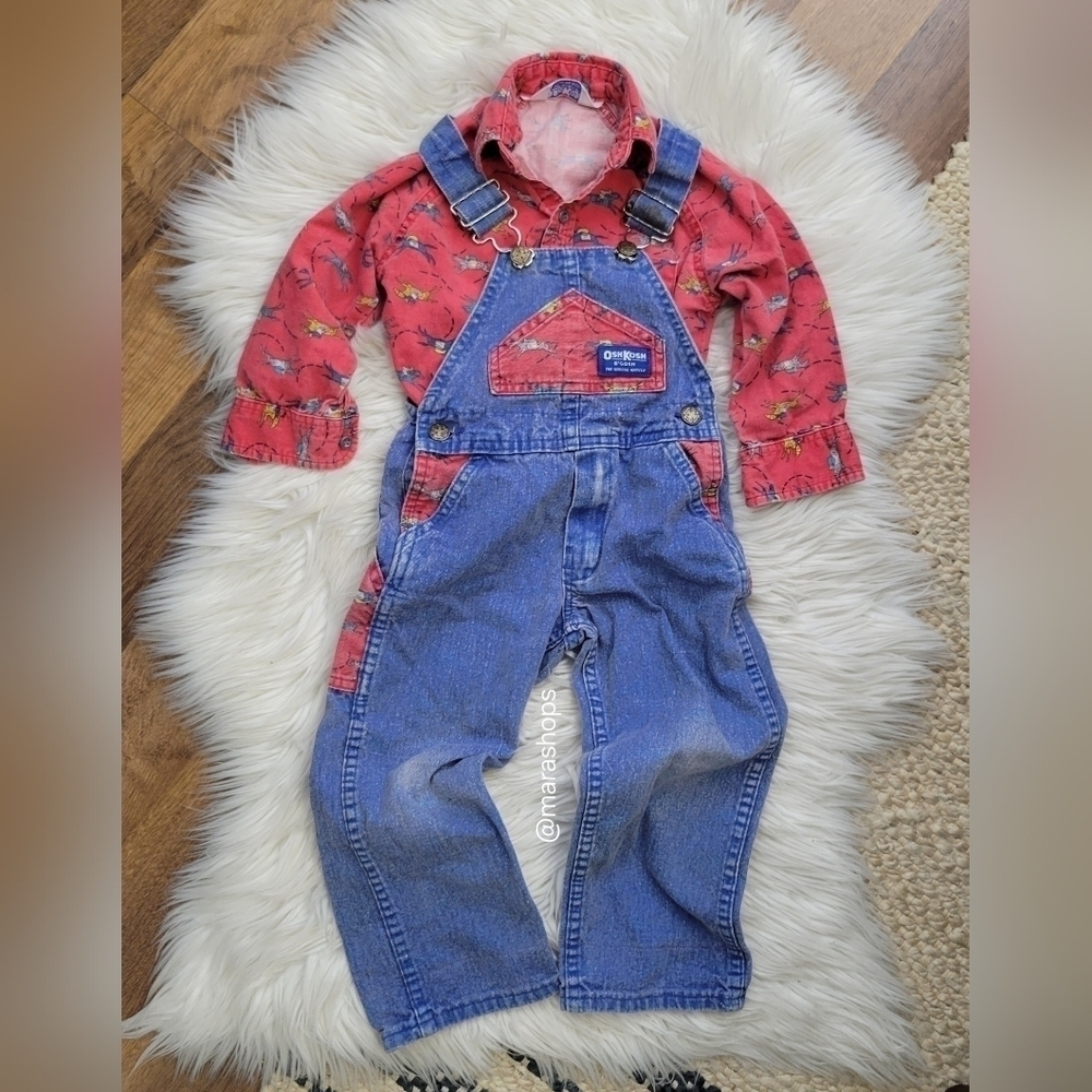 VTG OshKosh B'Gosh Vestbak Denim Set Overalls Red Race Horse